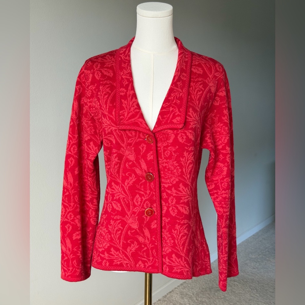 TINDE Extrafine Merino Wool Chic Red Floral Jacquard Pattern Cardigan Jacket -M